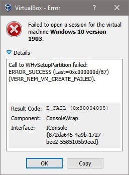 ERROR VERR_NEM_VM_CREATE_FAILED E_FALL (0X80004005)
